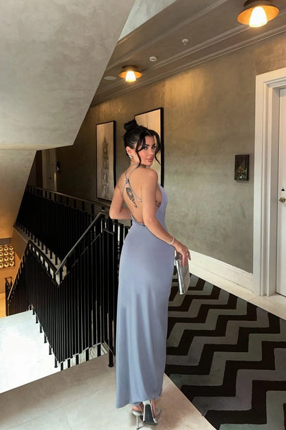 Gray Back Detail Deep Slit Dress
