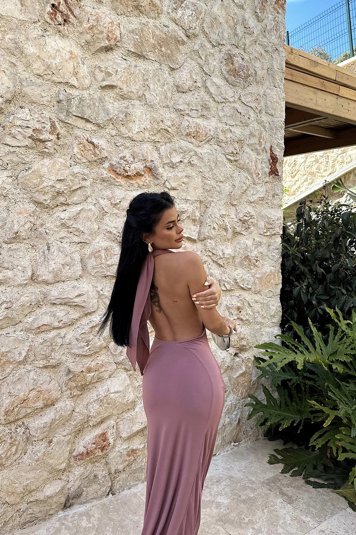 DRIED ROSE PAMELLA BACK BACK LONG DRESS