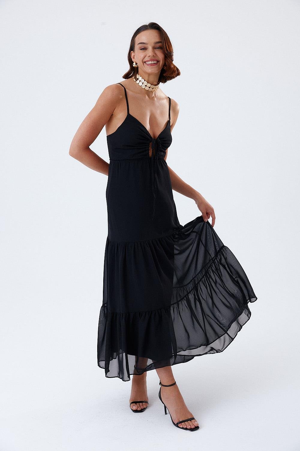 Long Black Chiffon Dress with Rope Straps