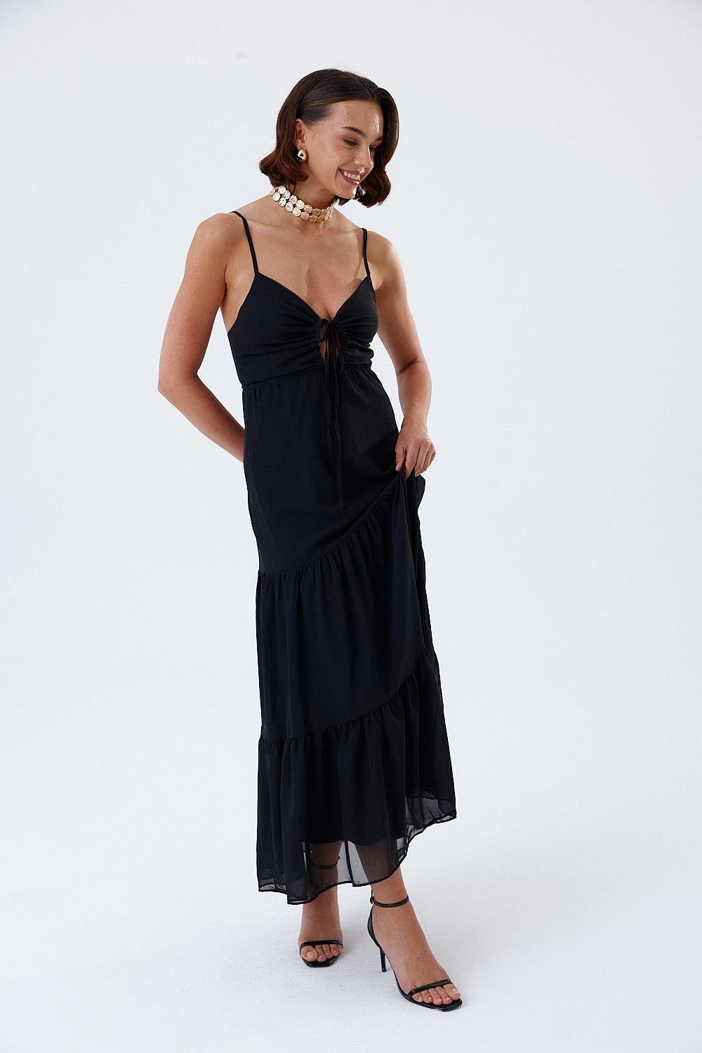 Long Black Chiffon Dress with Rope Straps