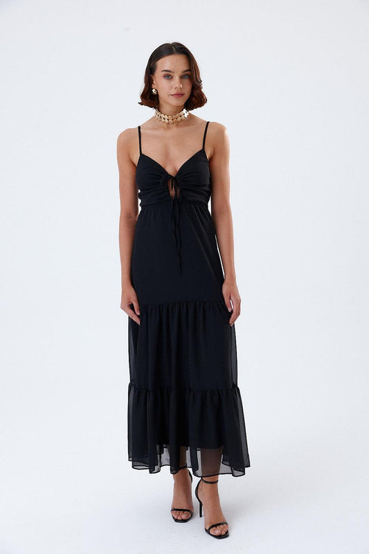 Long Black Chiffon Dress with Rope Straps