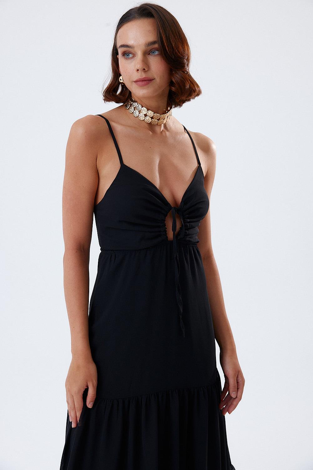 Long Black Chiffon Dress with Rope Straps