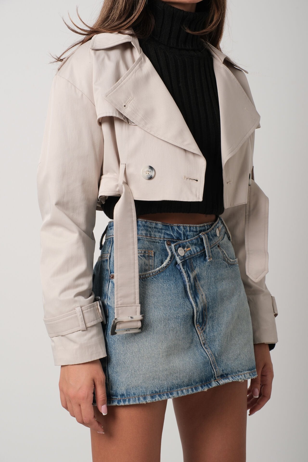 Belt Detail Stone Crop Trench Coat