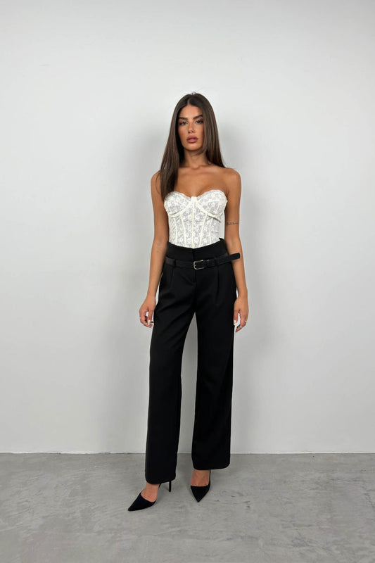 Belt Detail Black High Waist Trousers