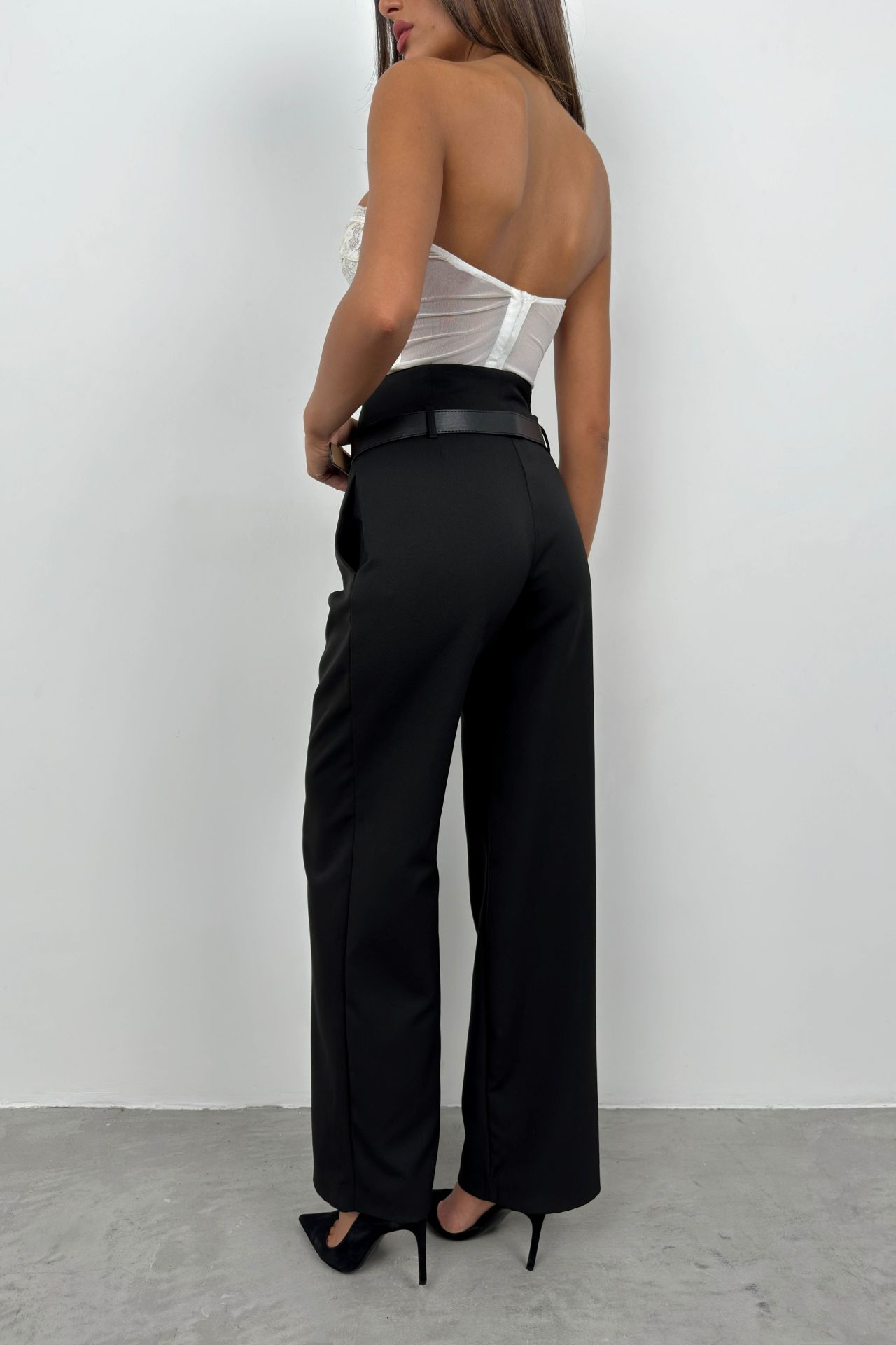 Belt Detail Black High Waist Trousers