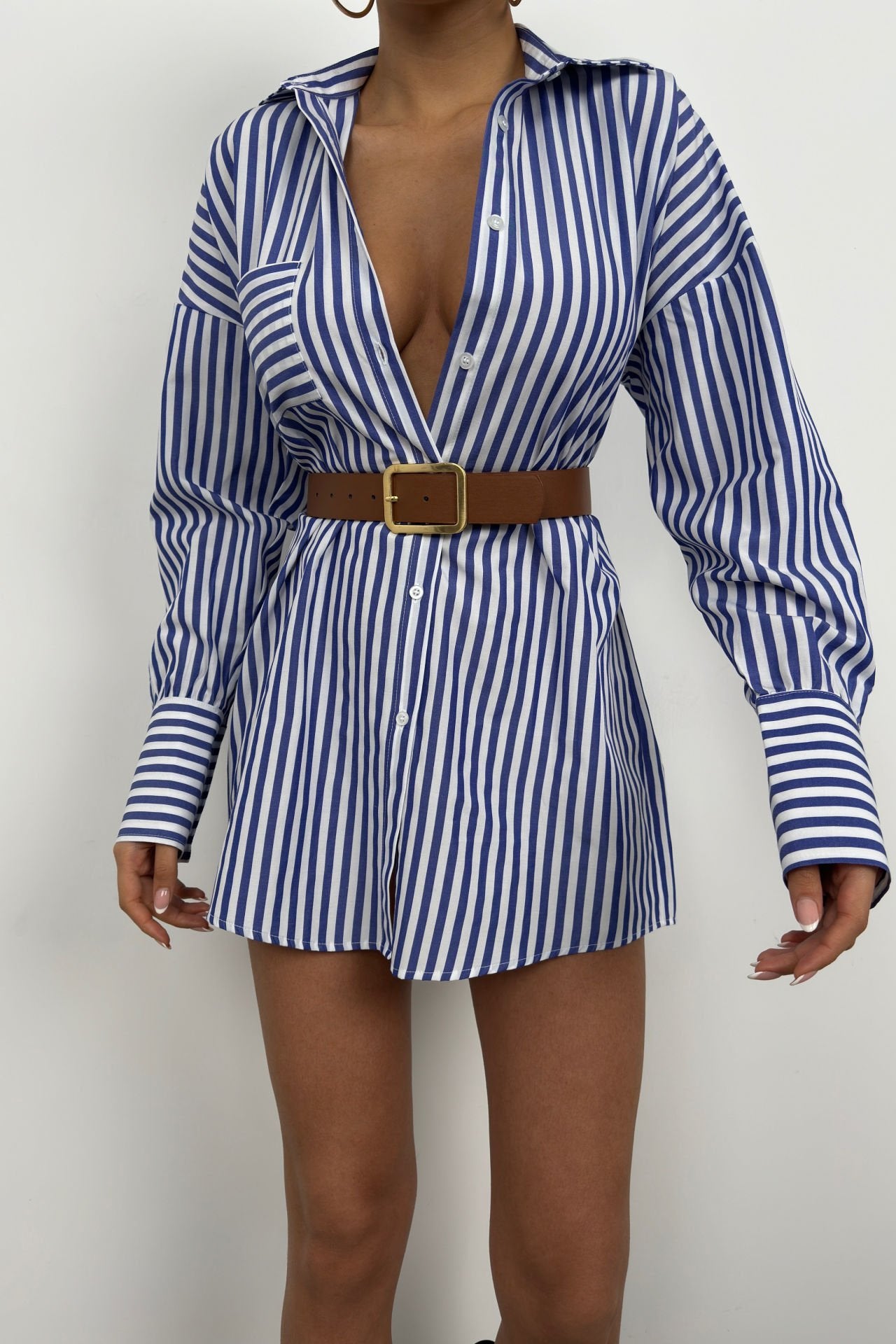 Belted Striped Blue White Shirt Dress