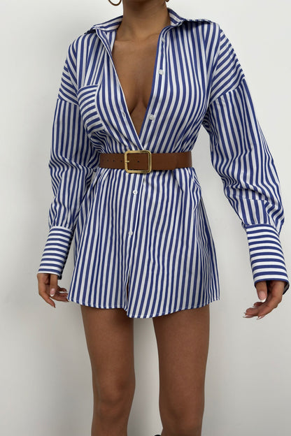 Belted Striped Blue White Shirt Dress