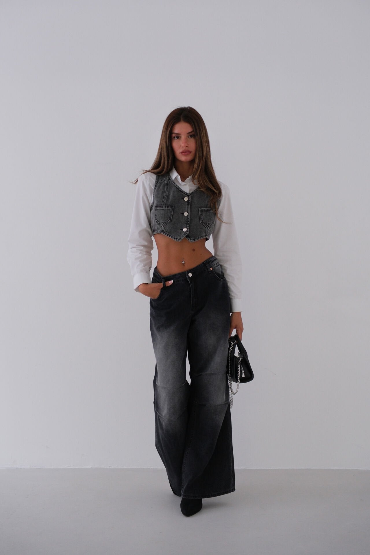 Gray Vest with Denim Pockets
