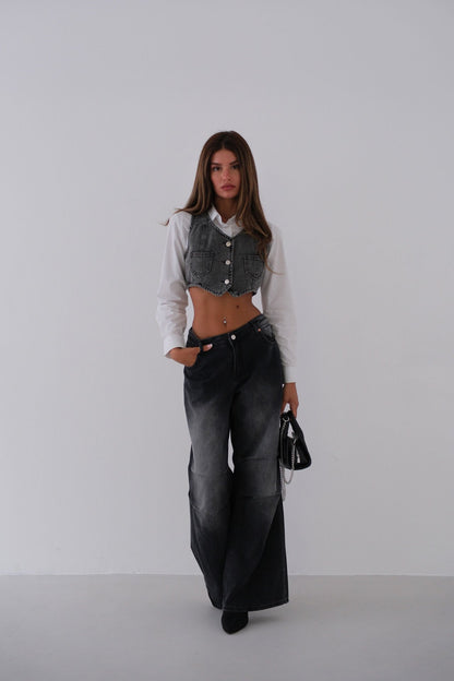 Gray Vest with Denim Pockets