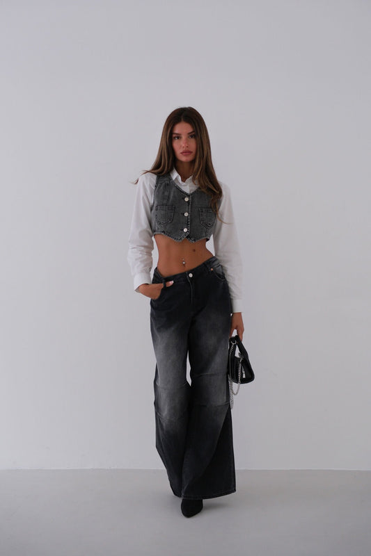 Gray Vest with Denim Pockets