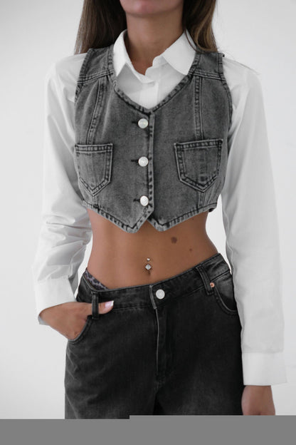Gray Vest with Denim Pockets