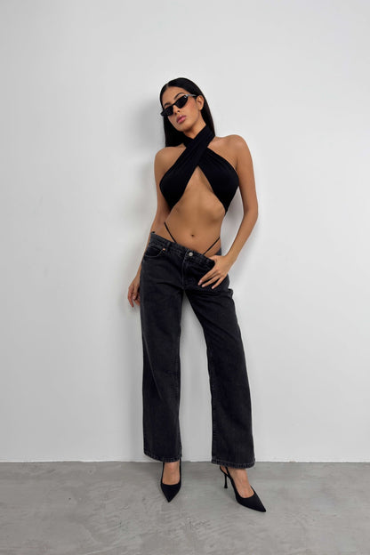 Elastic Detail Low Waist Gray Jean