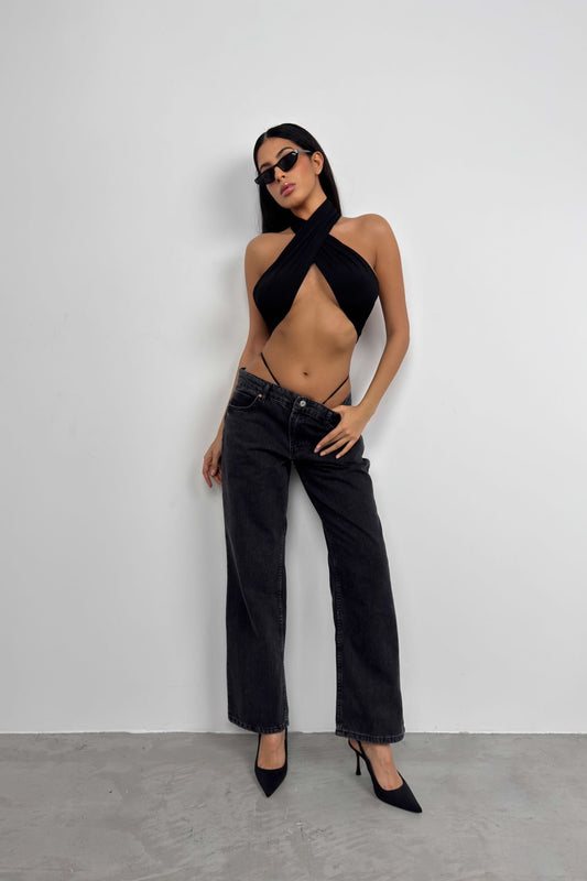 Elastic Detail Low Waist Gray Jean