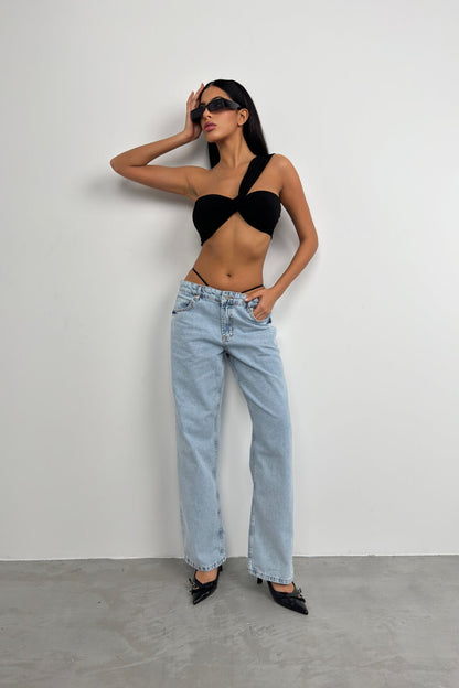 Elastic Detail Light Blue Low Waist Jean