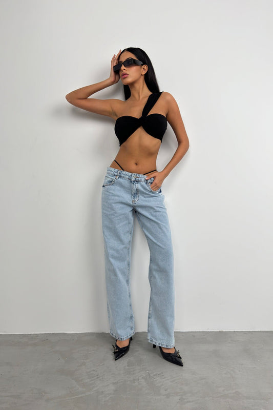 Elastic Detail Light Blue Low Waist Jean