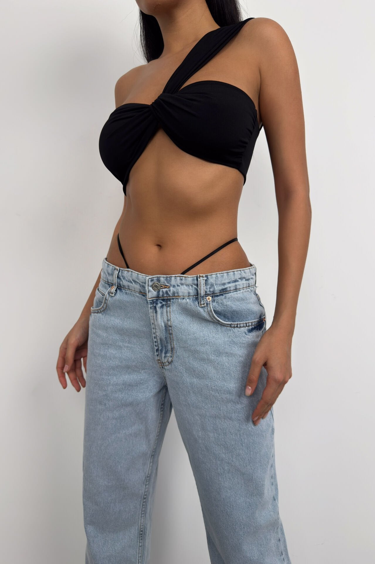Elastic Detail Light Blue Low Waist Jean