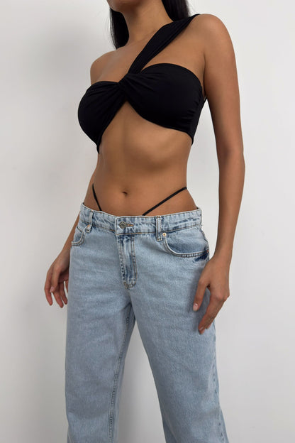 Elastic Detail Light Blue Low Waist Jean