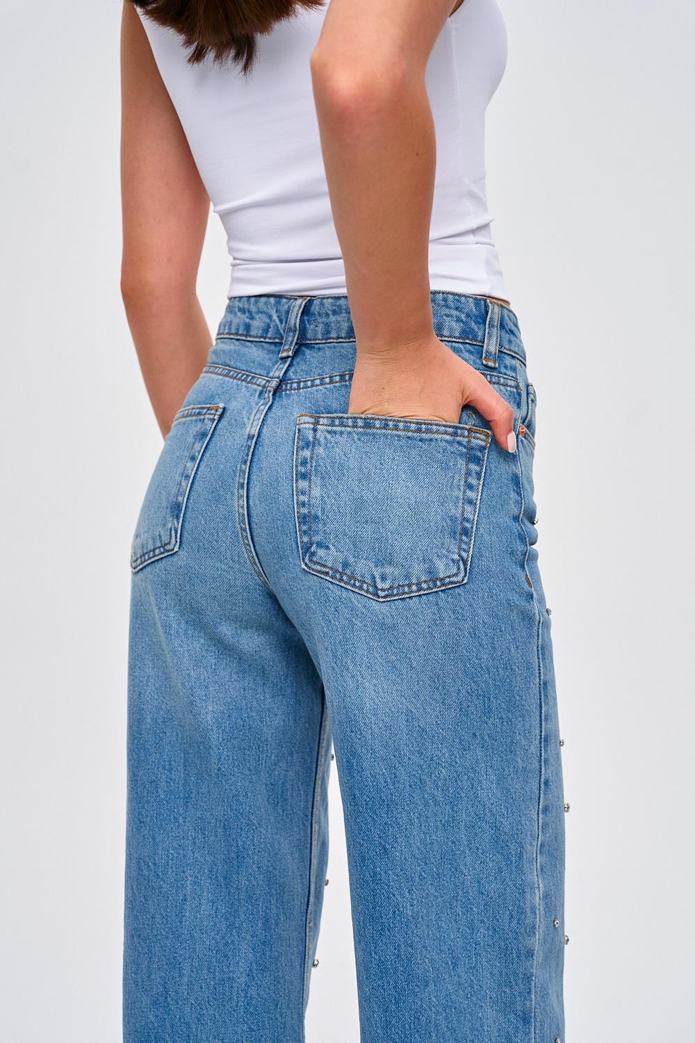 Shiny Stone Wide Leg Blue Women's Jeans