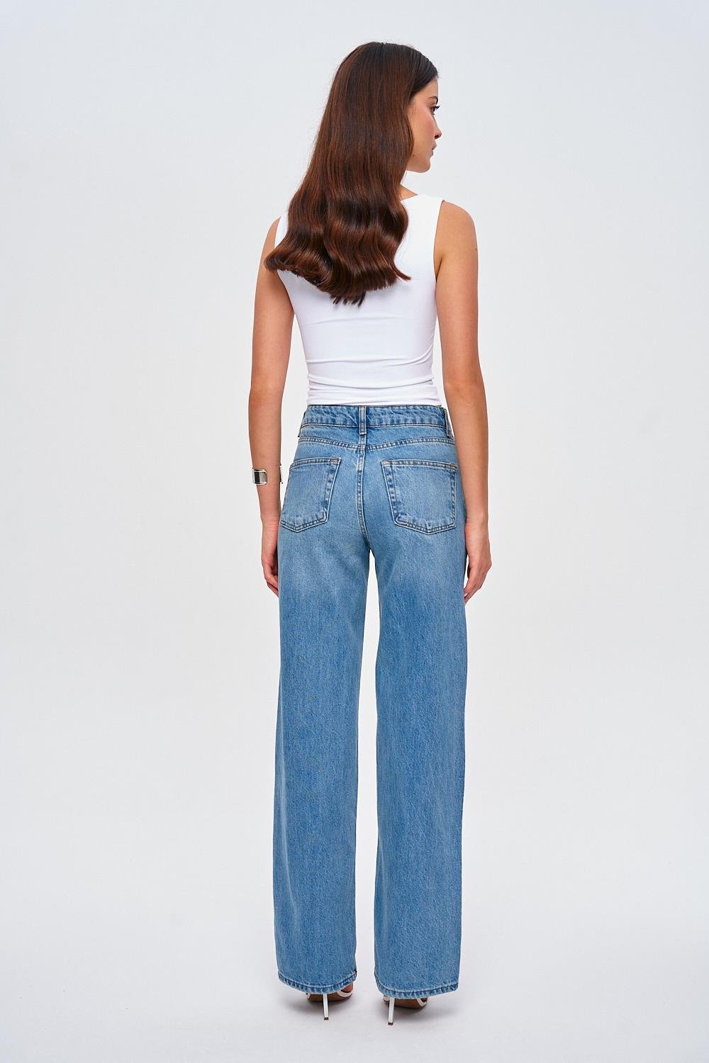 Shiny Stone Wide Leg Blue Women's Jeans