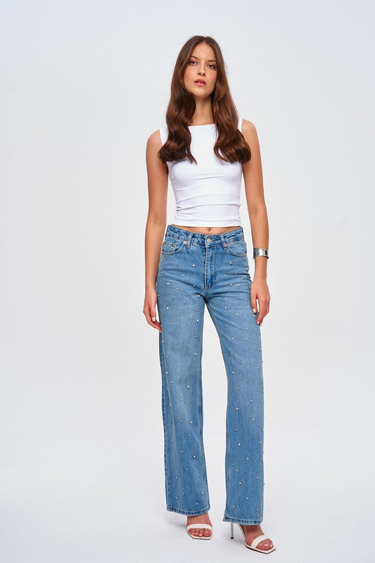 Shiny Stone Wide Leg Blue Women's Jeans