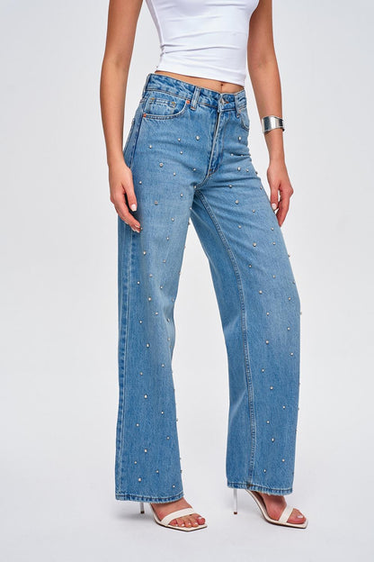 Shiny Stone Wide Leg Blue Women's Jeans