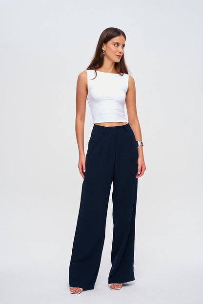 Darted Palazzo Navy Blue Women's Trousers