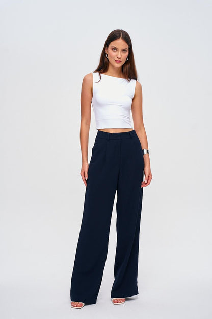 Darted Palazzo Navy Blue Women's Trousers