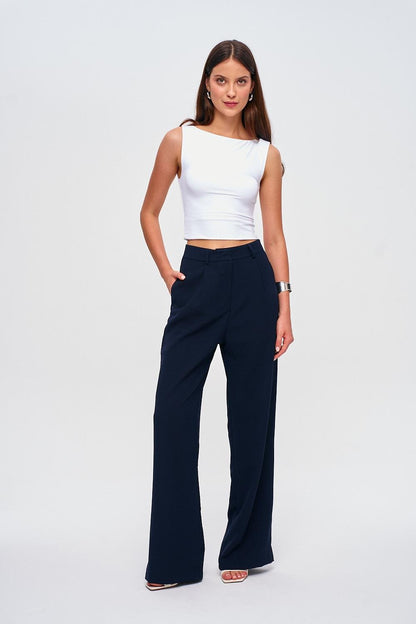 Darted Palazzo Navy Blue Women's Trousers