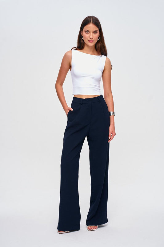 Darted Palazzo Navy Blue Women's Trousers