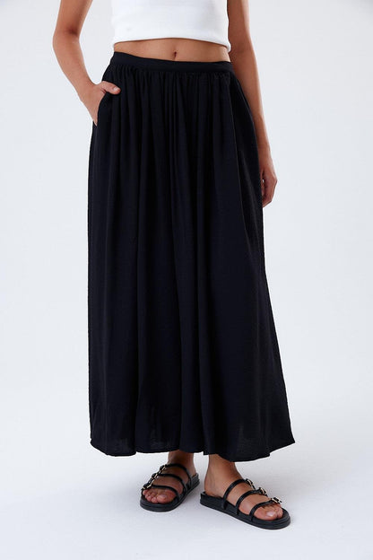Black Midi Skirt with Pleat Detail