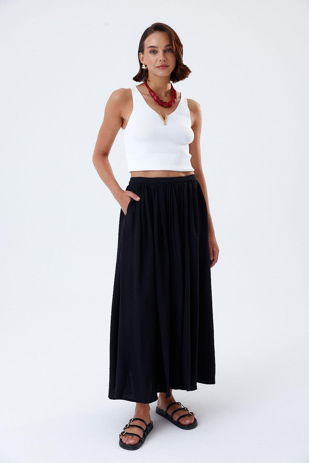 Black Midi Skirt with Pleat Detail