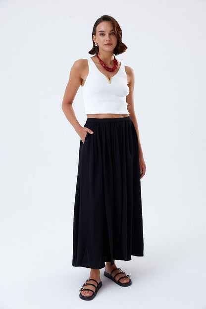Black Midi Skirt with Pleat Detail