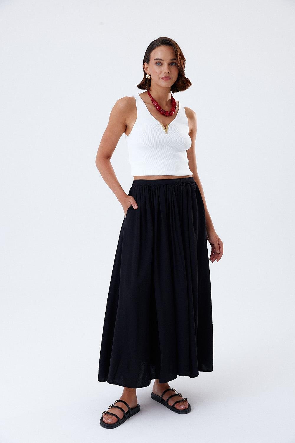 Black Midi Skirt with Pleat Detail