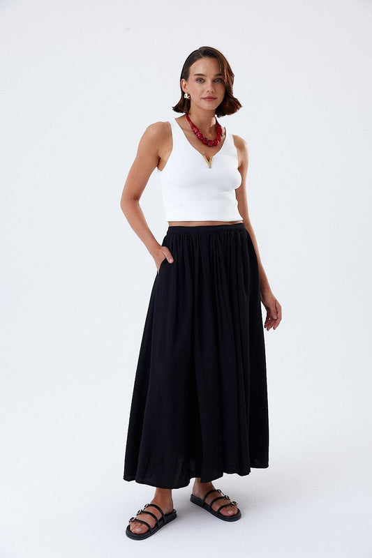 Black Midi Skirt with Pleat Detail