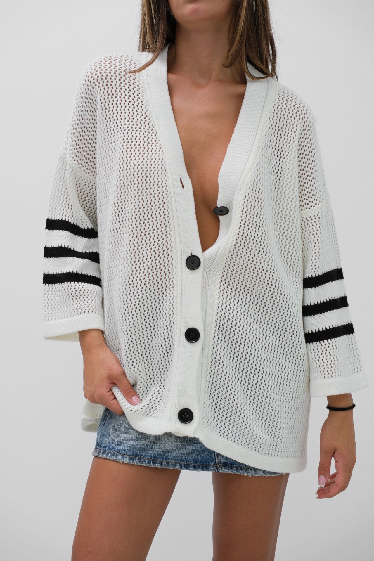 Back Printed Openwork White Cardigan