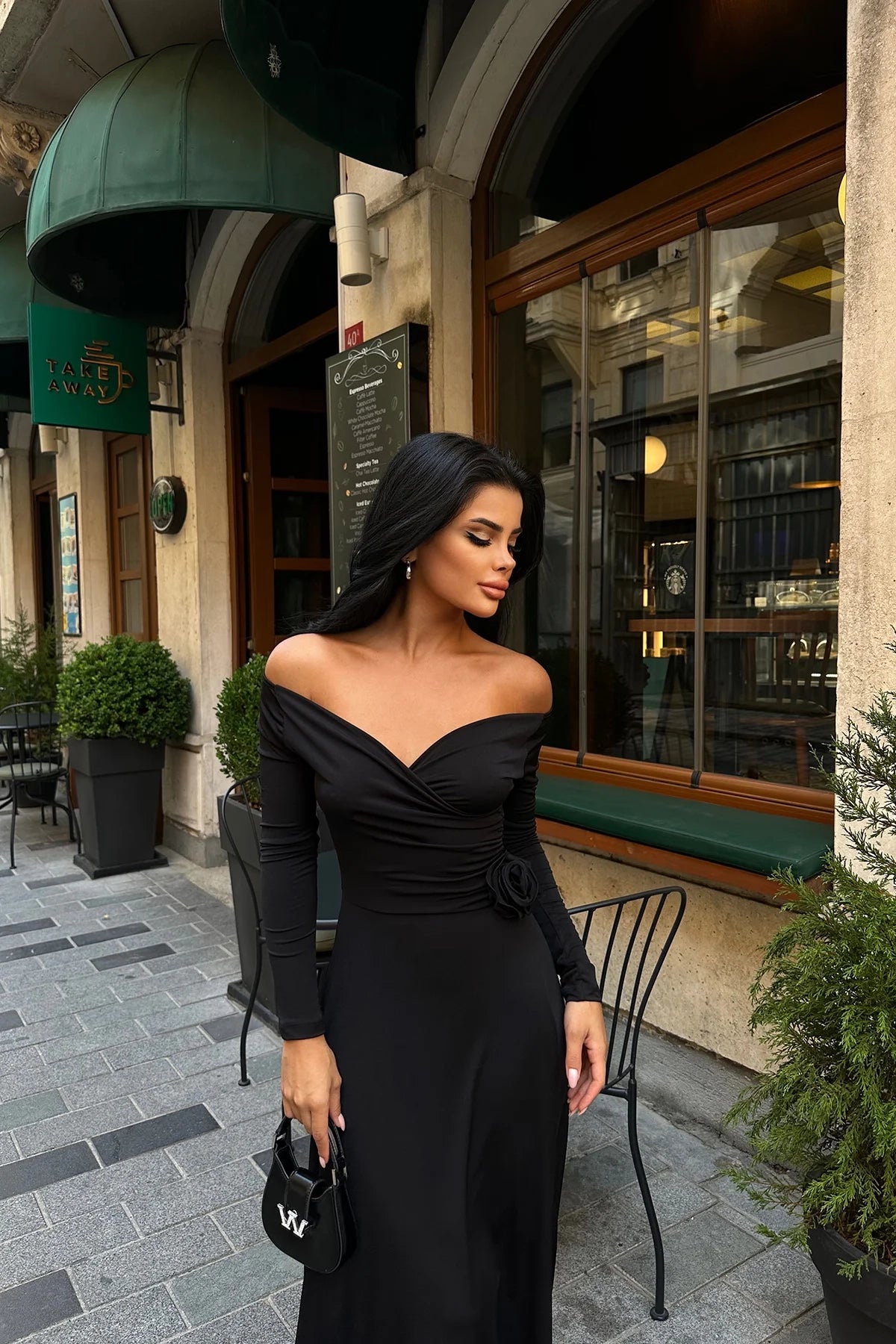Black Rose Detail Long Sleeve Maxi Dress