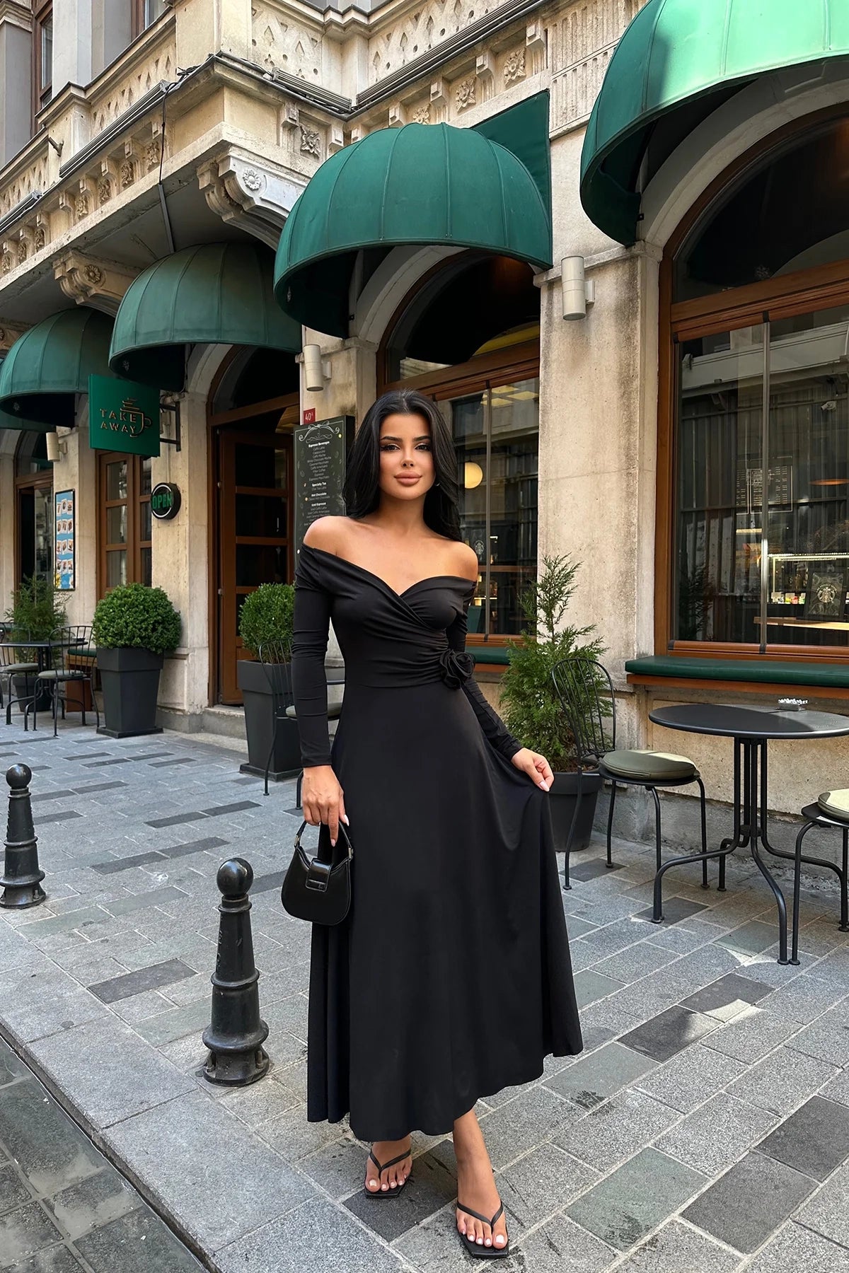 Black Rose Detail Long Sleeve Maxi Dress