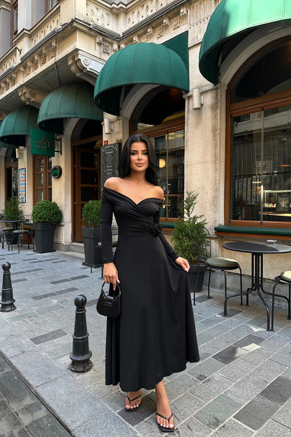 Black Rose Detail Long Sleeve Maxi Dress