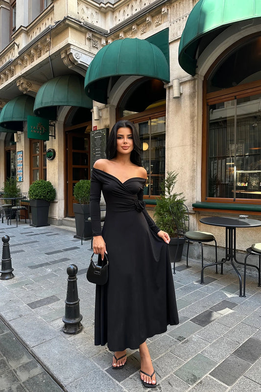 Black Rose Detail Long Sleeve Maxi Dress