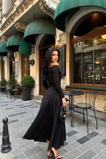 Black Rose Detail Long Sleeve Maxi Dress