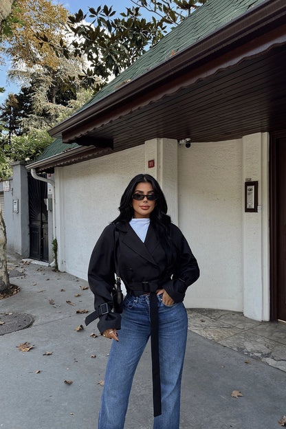 Black Double Breasted Collar Jacket