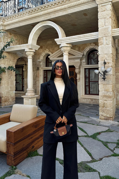 Black Double Breasted Collar Trousers Suit