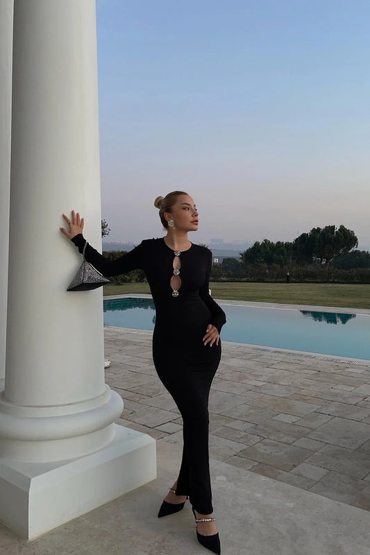 Black Stone Detailed Long Dress