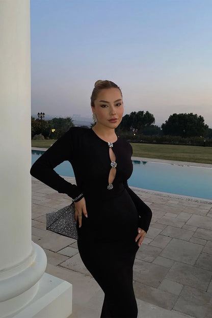 Black Stone Detailed Long Dress