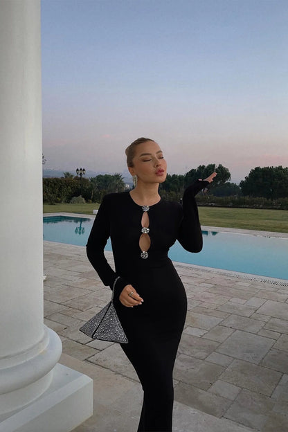 Black Stone Detailed Long Dress